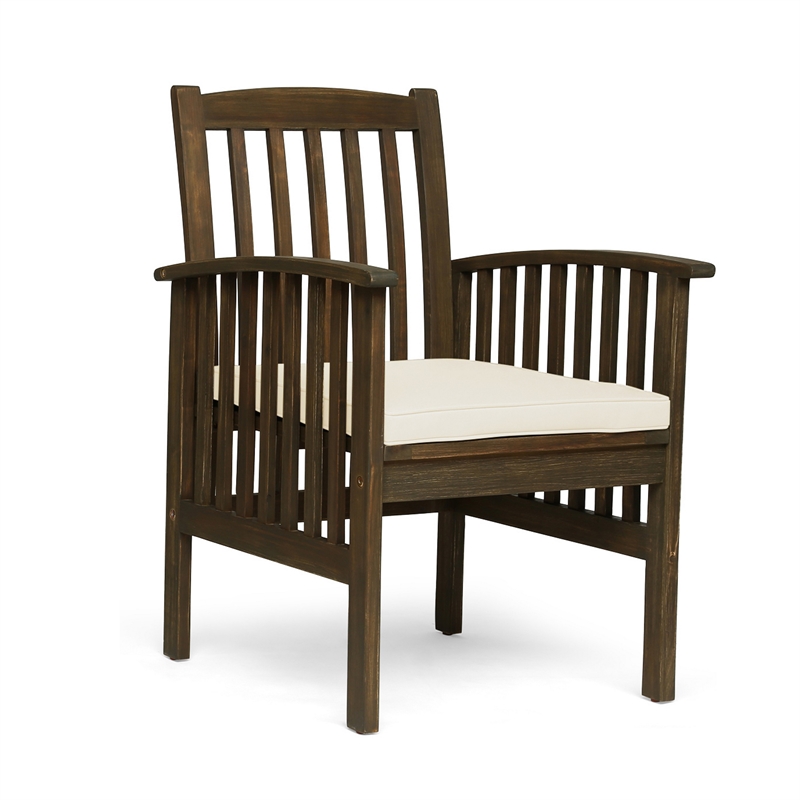 Gerry Dining Chair- Outdoor Traditional Slatted Gray Acacia Wood- Cream