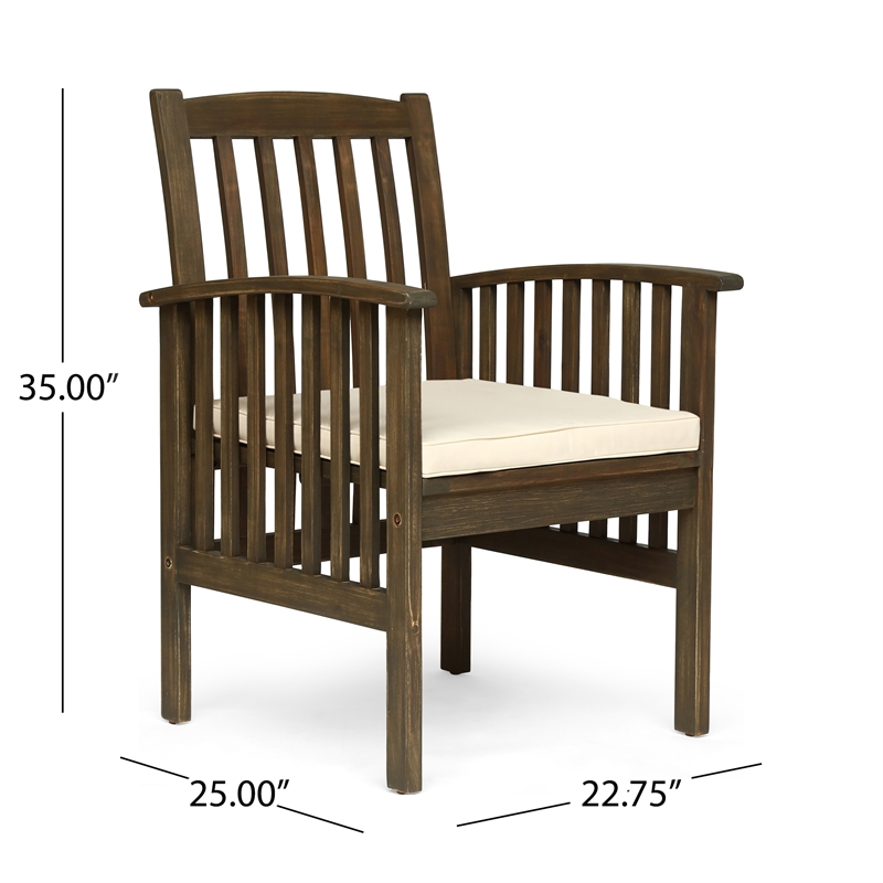 Gerry Dining Chair- Outdoor Traditional Slatted Gray Acacia Wood- Cream