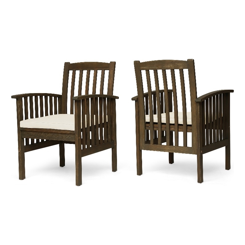 Gerry Dining Chair- Outdoor Traditional Slatted Gray Acacia Wood- Cream