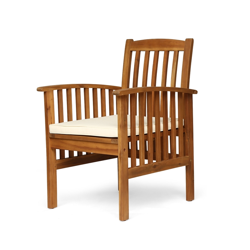 Gerry Dining Chair- Traditional Slat Design Brown Acacia Wood- Beige Fabric
