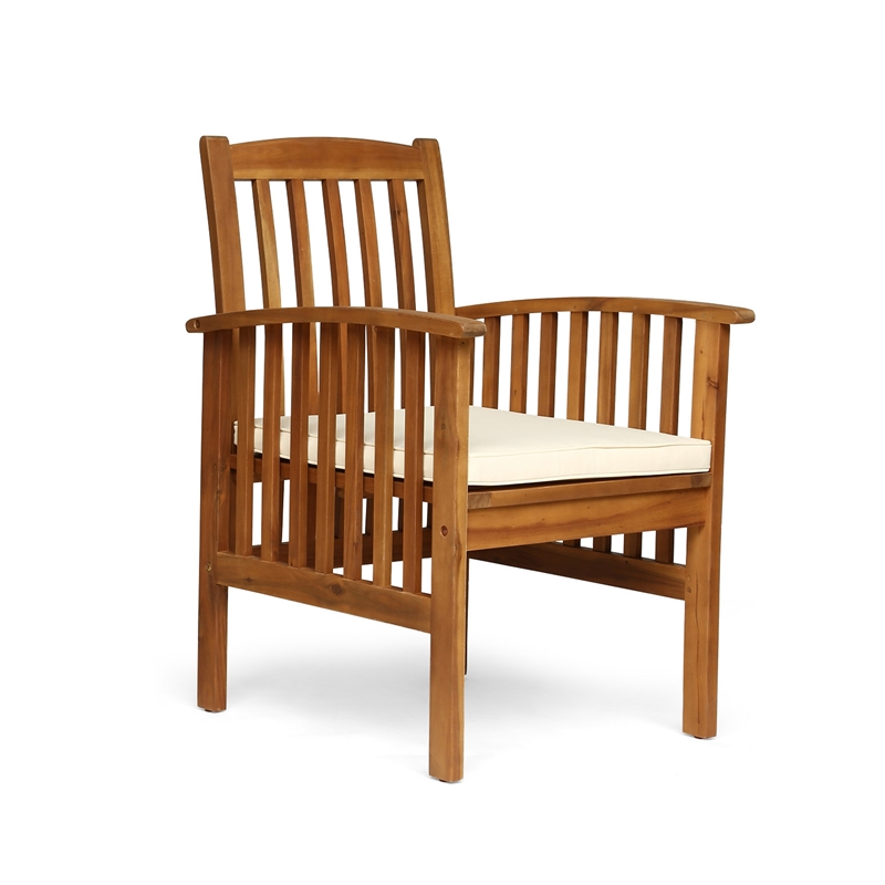 Gerry Dining Chair- Traditional Slat Design Brown Acacia Wood- Beige Fabric