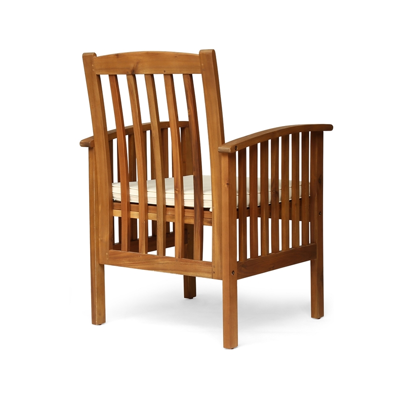 Gerry Dining Chair- Traditional Slat Design Brown Acacia Wood- Beige Fabric