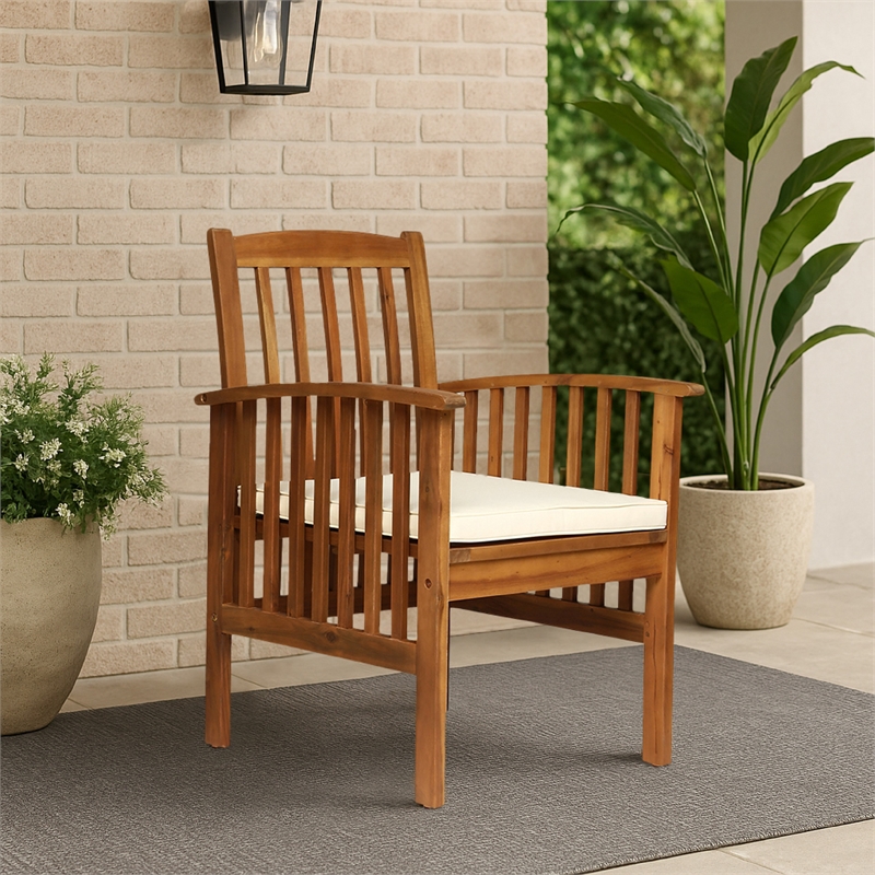Gerry Dining Chair- Traditional Slat Design Brown Acacia Wood- Beige Fabric