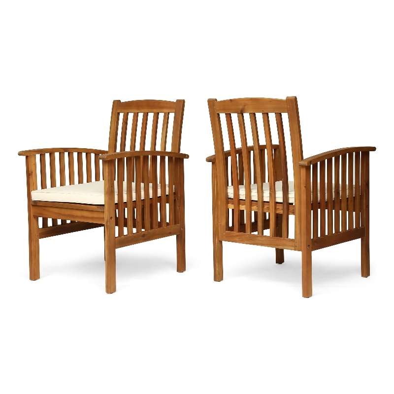 Gerry Dining Chair- Traditional Slat Design Brown Acacia Wood- Beige Fabric