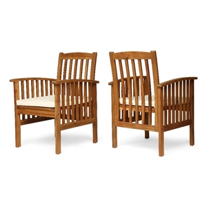 Gerry Dining Chair- Traditional Slat Design Brown Acacia Wood- Beige Fabric