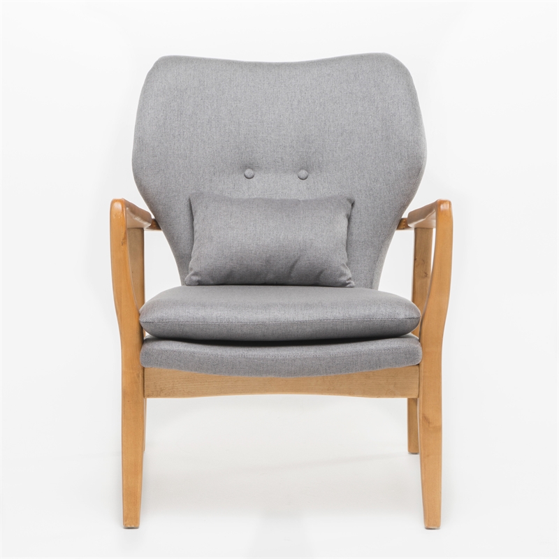Keya Accent Chair- 1 Pillow- Gray- Button Tufted Back- Light Brown Wood