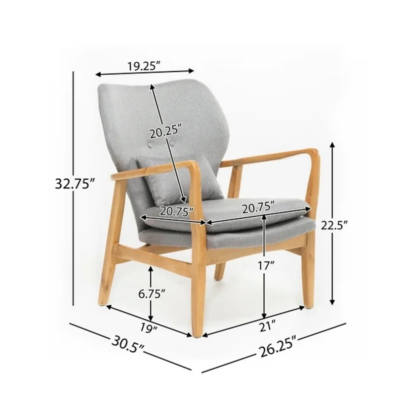 Keya Accent Chair- 1 Pillow- Gray- Button Tufted Back- Light Brown Wood
