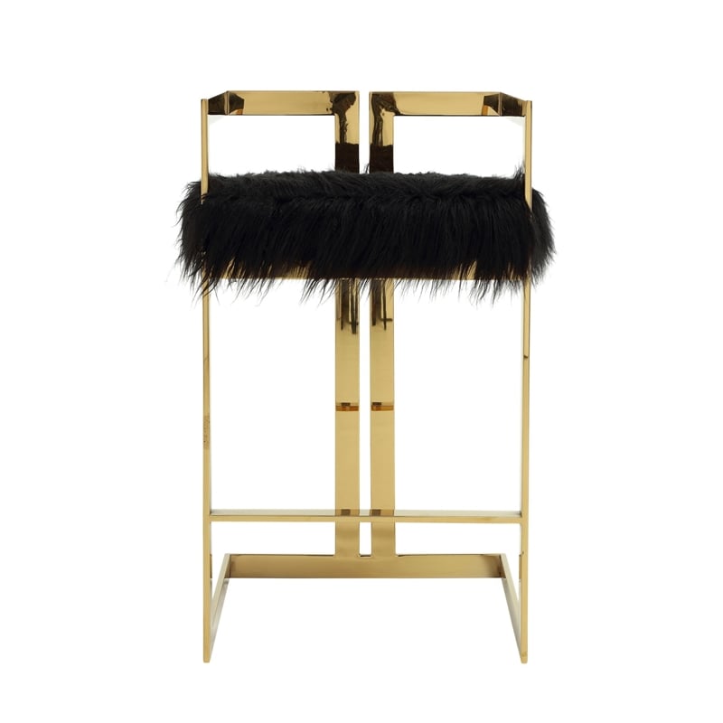 Suki 30 Inch Barstool Chair- Black Faux Fur Seat- Gold Cantilever Base