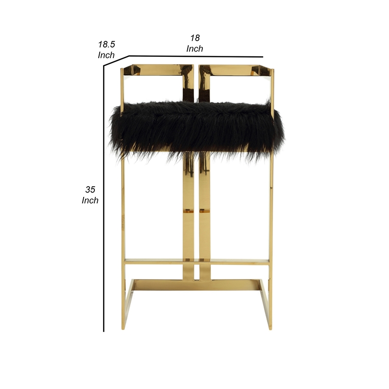 Suki 30 Inch Barstool Chair- Black Faux Fur Seat- Gold Cantilever Base