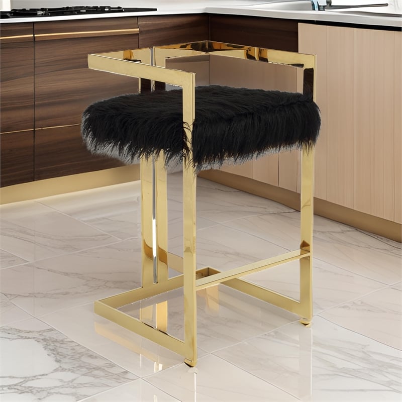 Suki 30 Inch Barstool Chair- Black Faux Fur Seat- Gold Cantilever Base