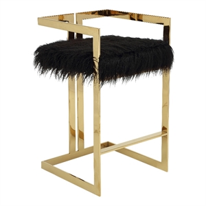 Suki 30 Inch Barstool Chair- Black Faux Fur Seat- Gold Cantilever Base