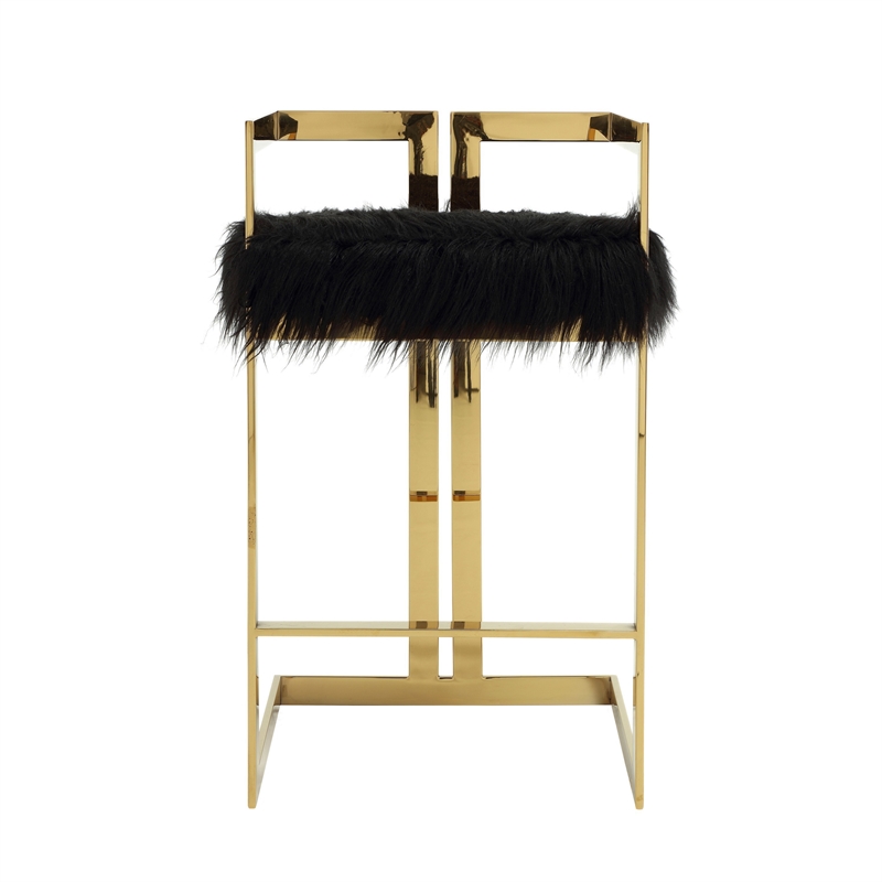 Suki 30 Inch Barstool Chair- Black Faux Fur Seat- Gold Cantilever Base