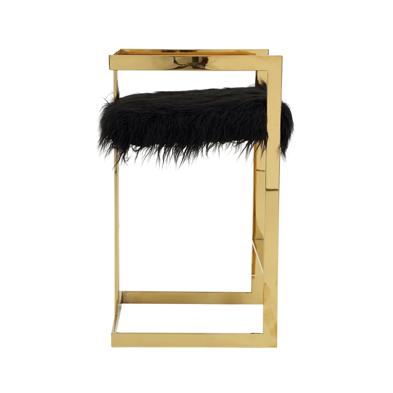 Suki 30 Inch Barstool Chair- Black Faux Fur Seat- Gold Cantilever Base