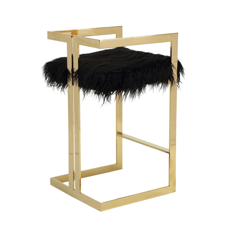 Suki 30 Inch Barstool Chair- Black Faux Fur Seat- Gold Cantilever Base