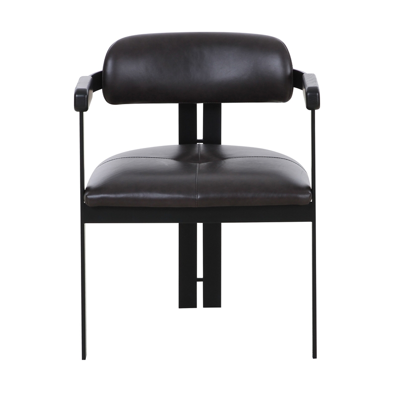 Anta Dining Chair- Black Iron Slats Back- Dark Brown Genuine Leather