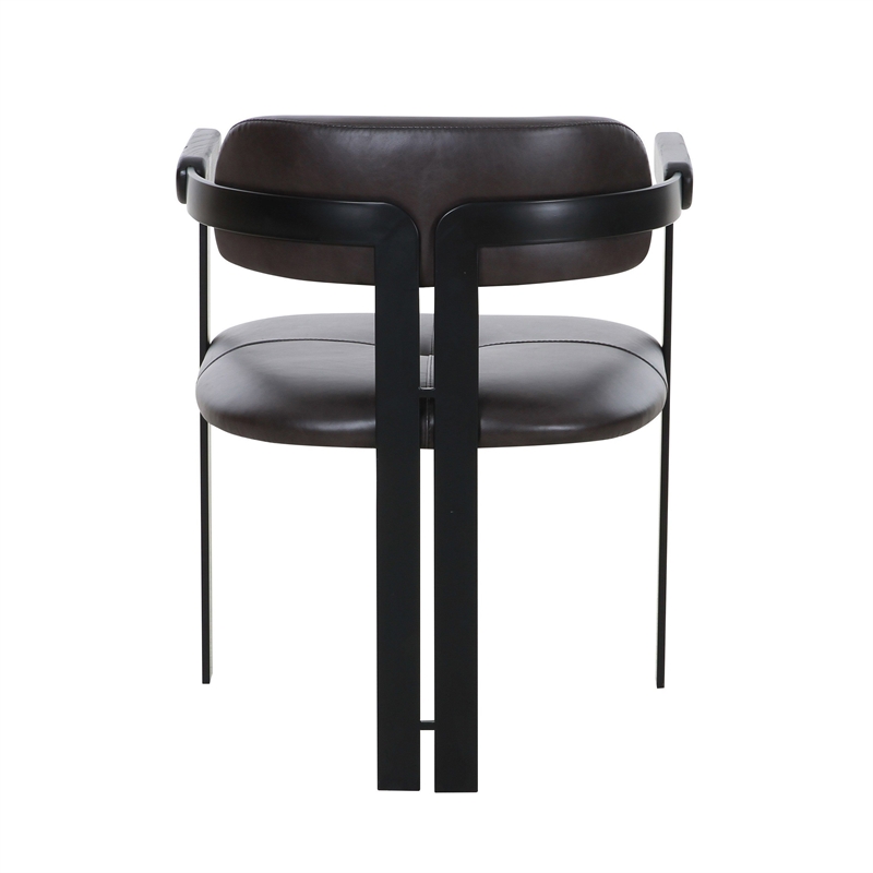 Anta Dining Chair- Black Iron Slats Back- Dark Brown Genuine Leather