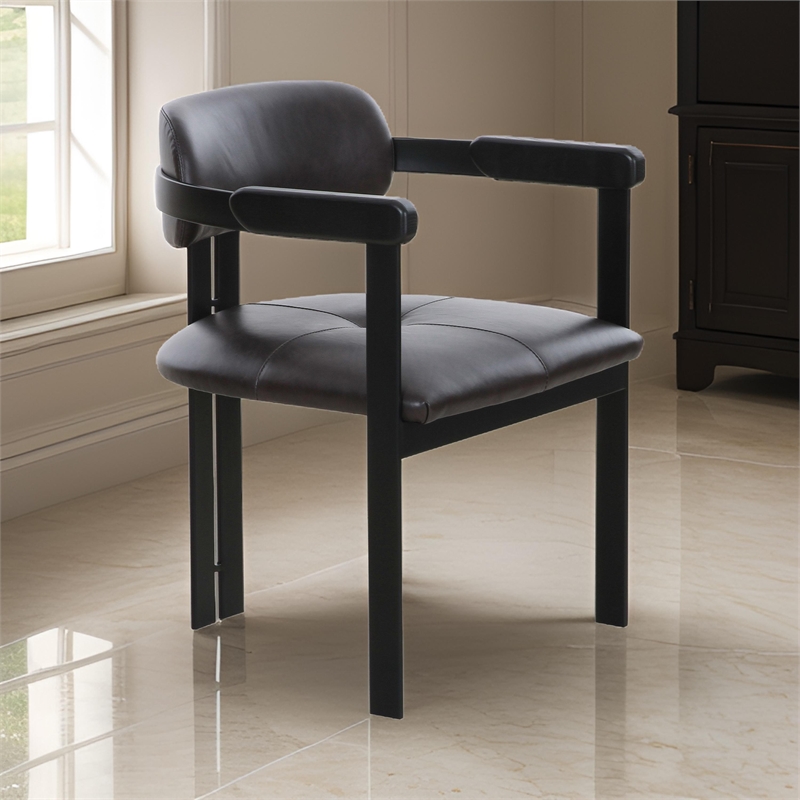 Anta Dining Chair- Black Iron Slats Back- Dark Brown Genuine Leather