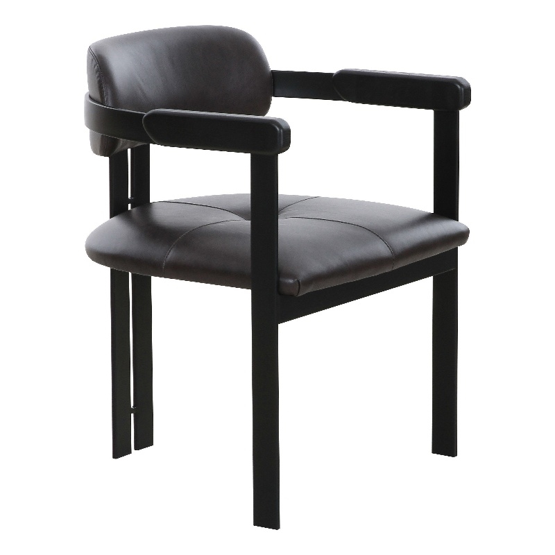 Anta Dining Chair- Black Iron Slats Back- Dark Brown Genuine Leather