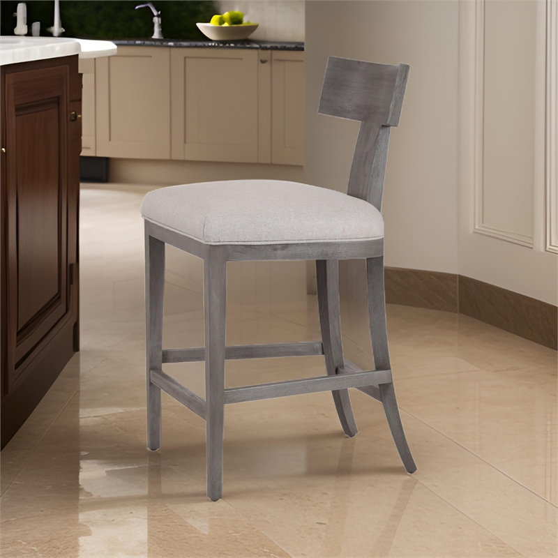 Cid Sten 27 Inch Counter Height Chair- T Shape Back- Soft Beige Linen- Gray