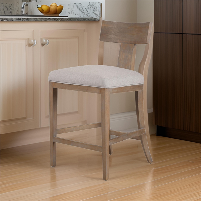 Cid Sten 27 Inch Counter Height Chair- T Shape Back- Beige Linen- Brown