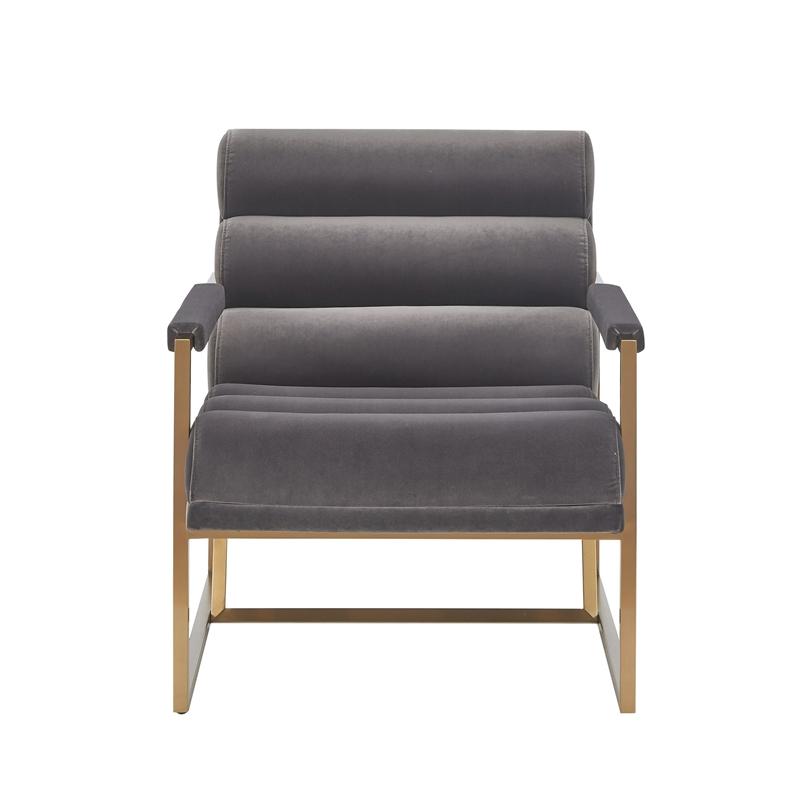 Cid Dave 27 Inch Accent Chair- Tufted Gray Velvet- Square Steel Legs- Brass