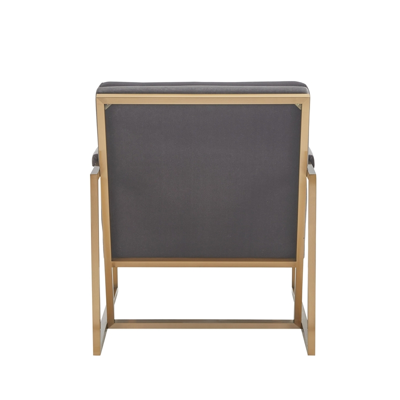 Cid Dave 27 Inch Accent Chair- Tufted Gray Velvet- Square Steel Legs- Brass