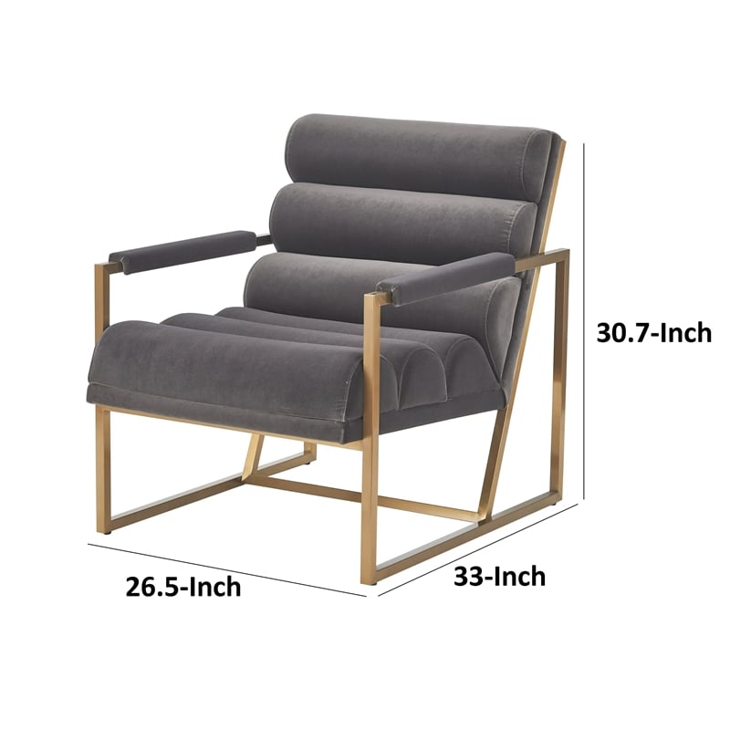 Cid Dave 27 Inch Accent Chair- Tufted Gray Velvet- Square Steel Legs- Brass