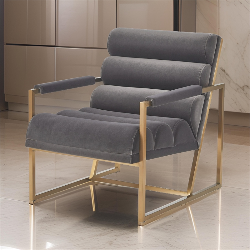 Cid Dave 27 Inch Accent Chair- Tufted Gray Velvet- Square Steel Legs- Brass