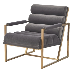 Cid Dave 27 Inch Accent Chair- Tufted Gray Velvet- Square Steel Legs- Brass