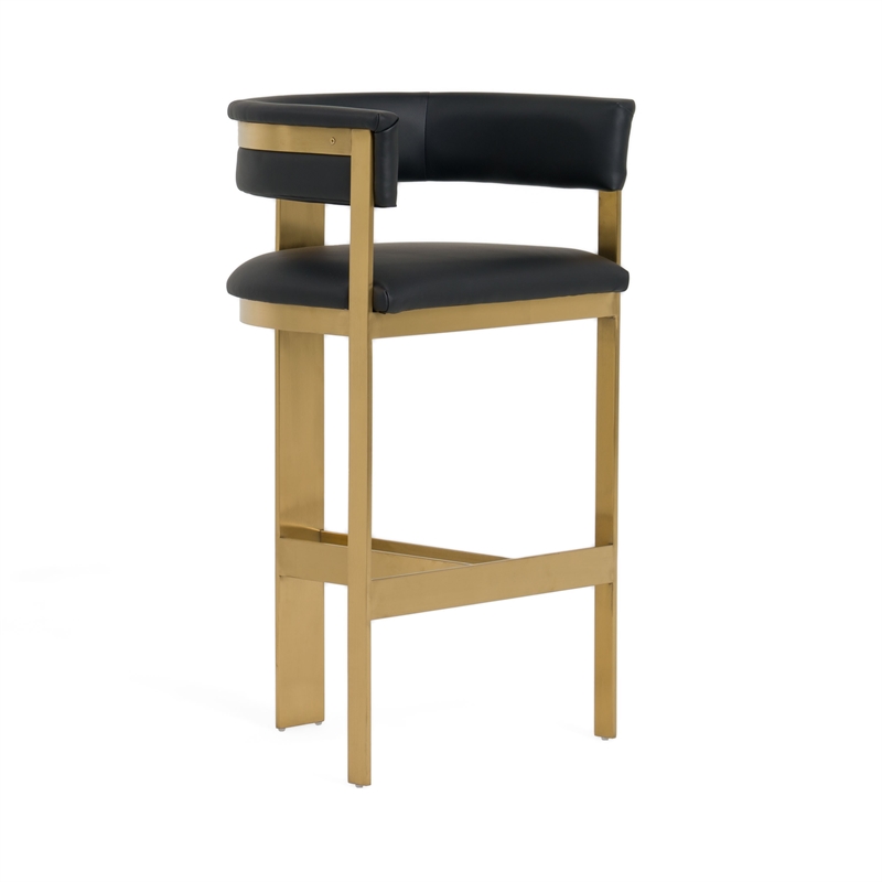 Cid Willow Barstool Chair- Black Faux Leather- Gold Metal Three Leg Base