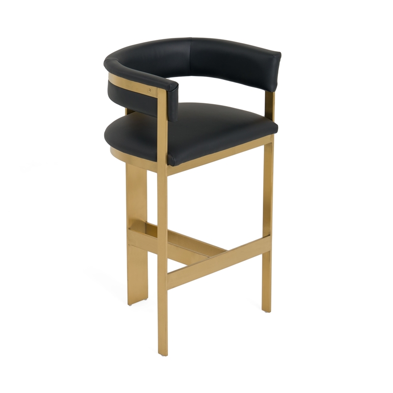Cid Willow Barstool Chair- Black Faux Leather- Gold Metal Three Leg Base