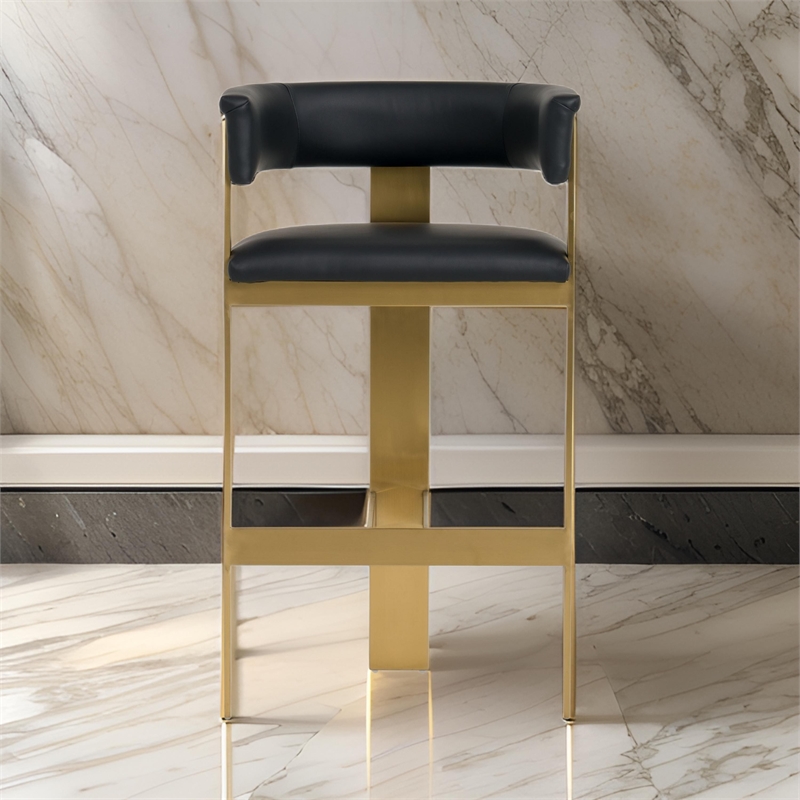 Cid Willow Barstool Chair- Black Faux Leather- Gold Metal Three Leg Base