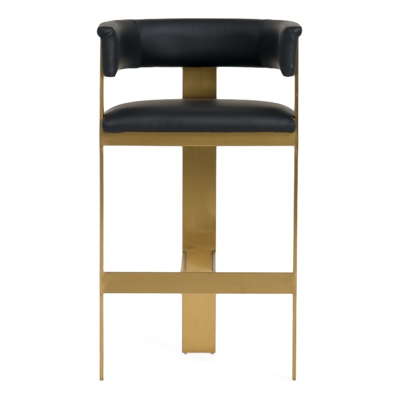 Cid Willow Barstool Chair- Black Faux Leather- Gold Metal Three Leg Base
