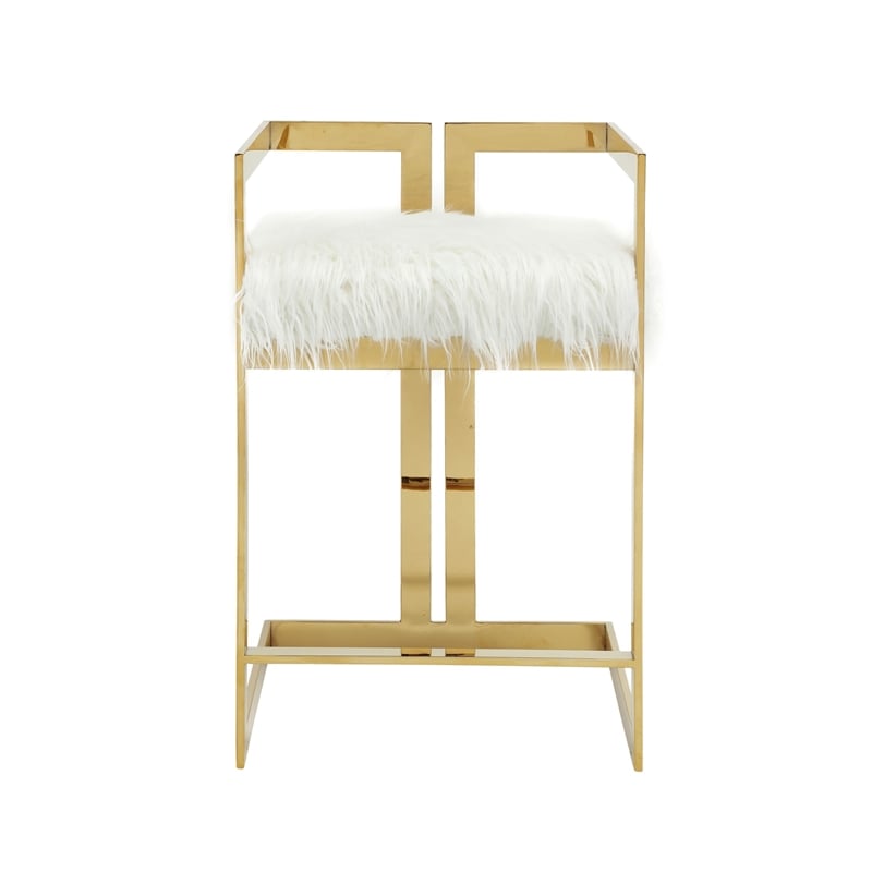 Suki 26 Inch Counter Height Chair- White Faux Fur- Gold Cantilever Base