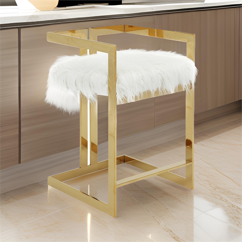 Suki 26 Inch Counter Height Chair- White Faux Fur- Gold Cantilever Base