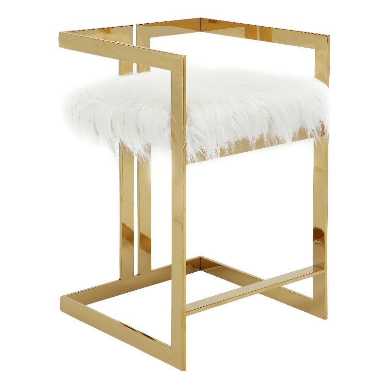 Suki 26 Inch Counter Height Chair- White Faux Fur- Gold Cantilever Base
