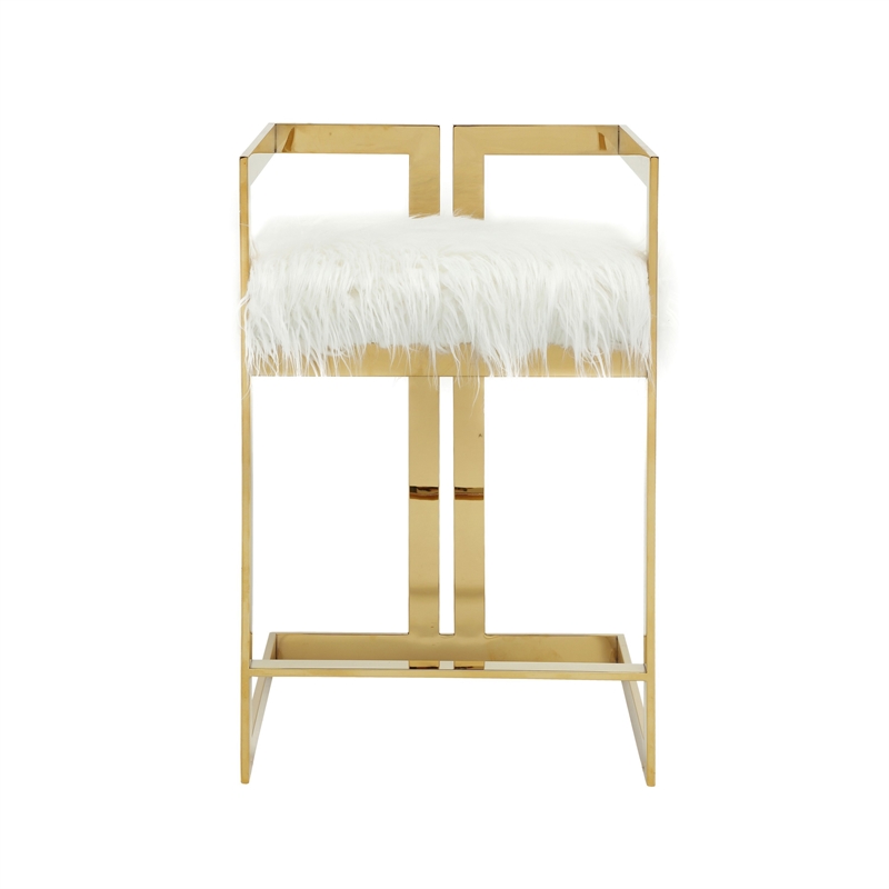 Suki 26 Inch Counter Height Chair- White Faux Fur- Gold Cantilever Base