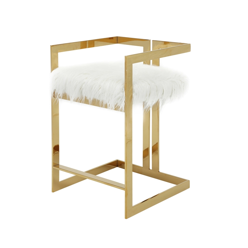 Suki 26 Inch Counter Height Chair- White Faux Fur- Gold Cantilever Base