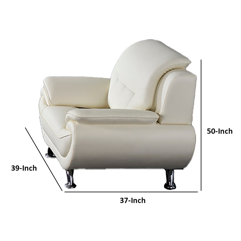 Olaf 50 Inch Sofa Chair- Tufted Ivory Faux Leather- Chrome Metal- Wood