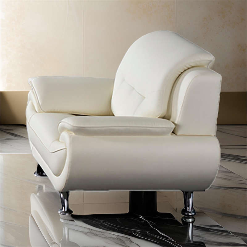 Olaf 50 Inch Sofa Chair- Tufted Ivory Faux Leather- Chrome Metal- Wood