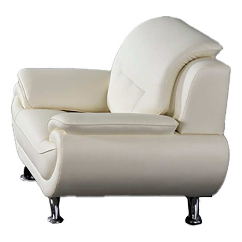 Olaf 50 Inch Sofa Chair- Tufted Ivory Faux Leather- Chrome Metal- Wood