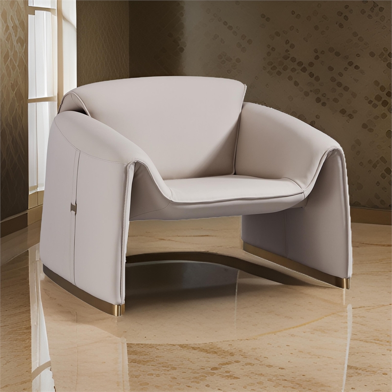 Hei 38 Inch Accent Chair- Pink Gray Real Leather Upholstery- Gold Metal