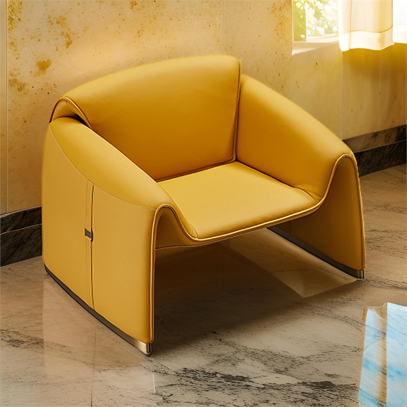 Hei 38 Inch Accent Chair- Yellow Real Leather Upholstery- Gold Metal Finish