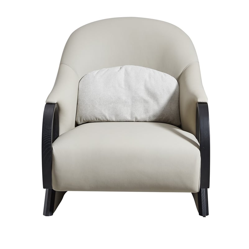Semi 38 Inch Accent Chair- Curved Tall Back- Gray Real Leather- Solid Wood