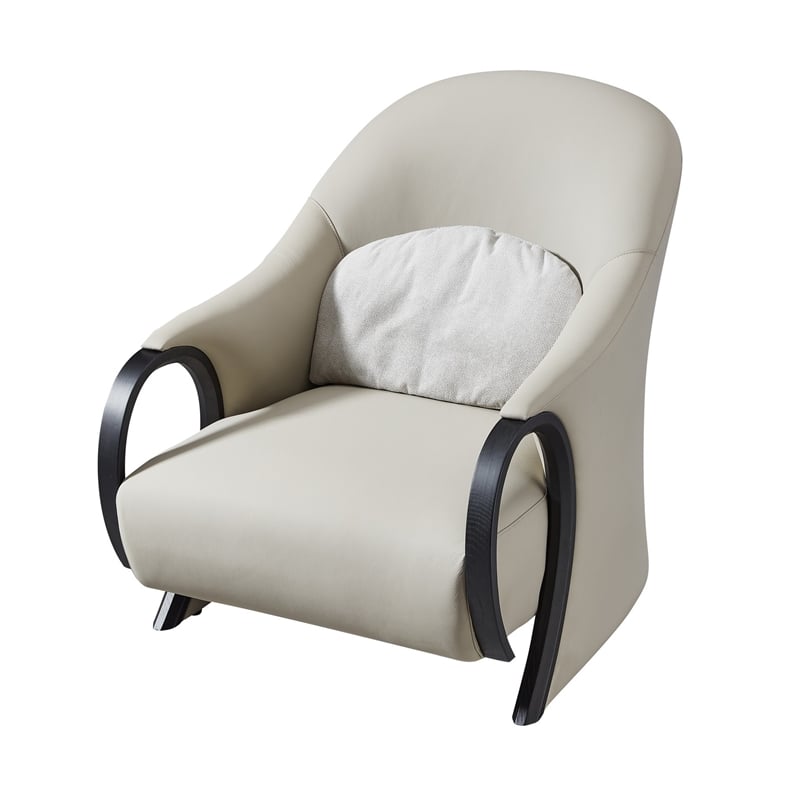 Semi 38 Inch Accent Chair- Curved Tall Back- Gray Real Leather- Solid Wood