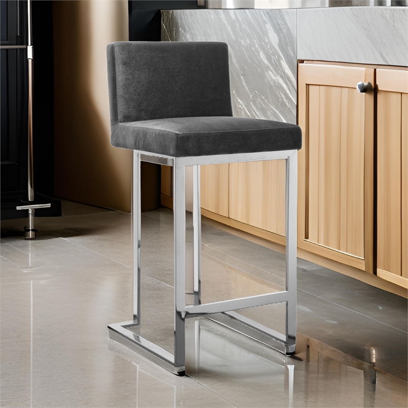 Boly 26 Inch Counter Height Chair- Gray Velvet- Foam Cushions- Chrome Steel