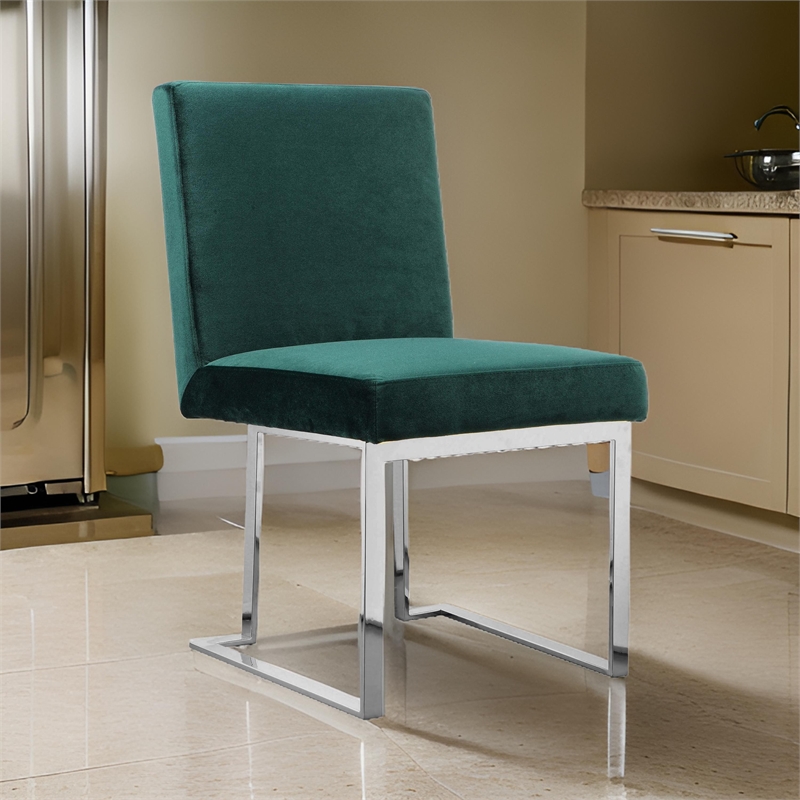 Boly 19 Inch Dining Chair- Set of 2- Green Velvet- Foam- Chrome Steel Base