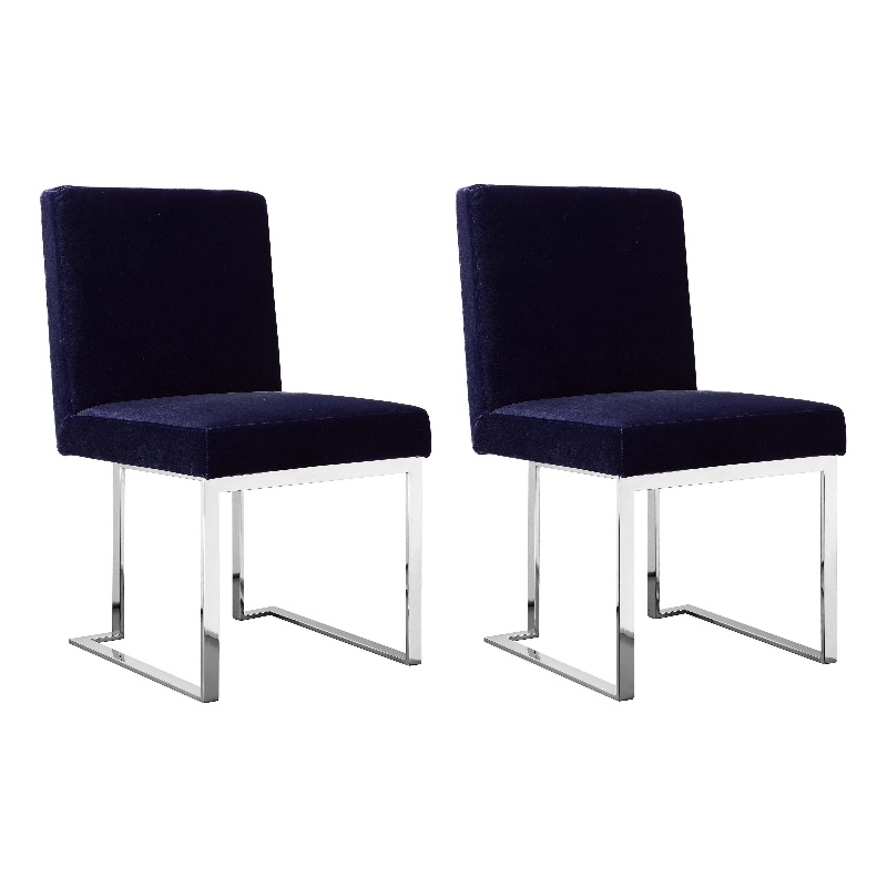 Boly 19 Inch Dining Chair- Set of 2- Navy Blue Velvet- Foam- Chrome Steel