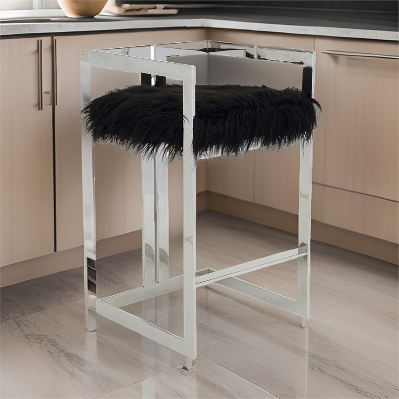 Suki 30 Inch Barstool Chair- Cushioned Black Faux Fur- Silver Cantilever