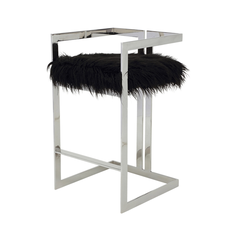 Suki 30 Inch Barstool Chair- Cushioned Black Faux Fur- Silver Cantilever